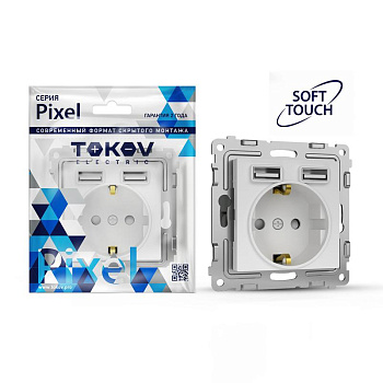 Розетка 1-м СП Pixel с заземл. с 2-мя заряд. устр. USB тип A+A IP20 механизм айс TOKOV ELECTRIC TKE-PX-R1U2A-C34