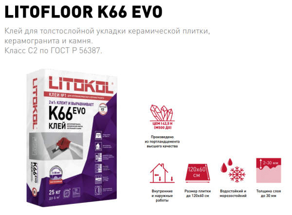 Клей для толстослойной укладки плитки, керамогранита и камня Litokol LITOFLOOR K66 EVO 25 кг (С2)