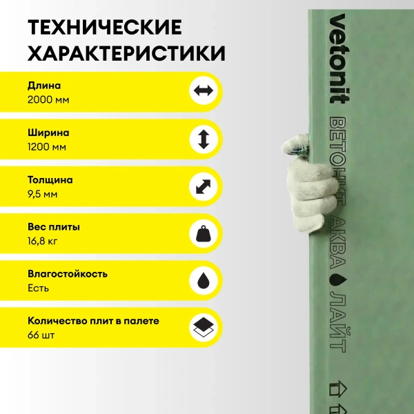 Гипсокартон влагостойкий Vetonit (Gyproc) Аква Лайт 9,5х1200х2000 мм (66)