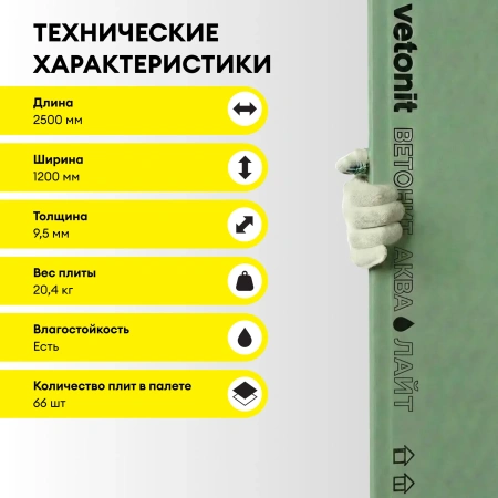 Гипсокартон влагостойкий Vetonit (Gyproc) Аква Лайт 9,5х1200х2500 мм (66)