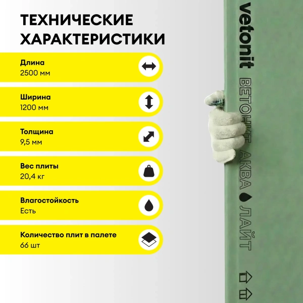 Гипсокартон влагостойкий Vetonit (Gyproc) Аква Лайт 9,5х1200х2500 мм (66)