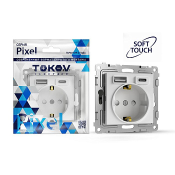Розетка 1-м СП Pixel с заземл. с 2-мя заряд. устр. USB тип A+C IP20 механизм айс TOKOV ELECTRIC TKE-PX-R1U2AC-C34