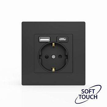 Розетка 1-м СП Pixel с заземл. с 2-мя заряд. устр. USB тип A+C IP20 механизм карбон TOKOV ELECTRIC TKE-PX-R1U2AC-C14