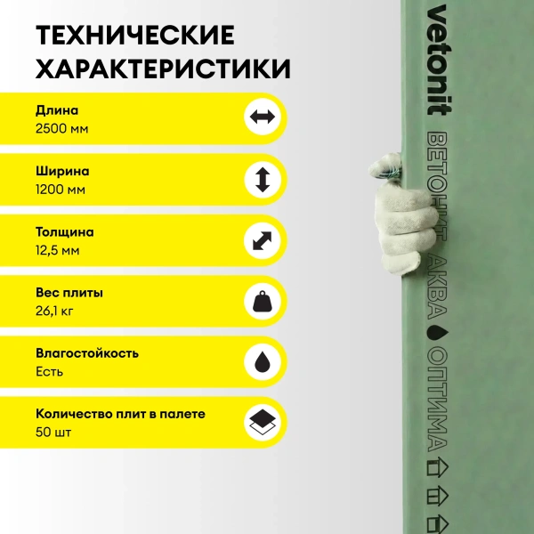 Гипсокартон влагостойкий Vetonit (Gyproc) Аква Оптима 12,5х1200х2500 мм (50)