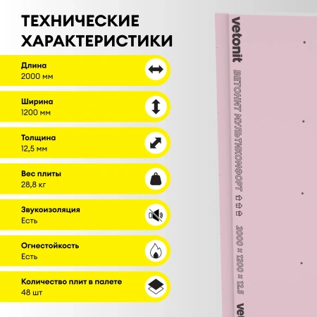 Гипсокартон Vetonit (Gyproc) Мультикомфорт 12,5х1200х2000 мм звукоизоляционный влаго-огнестойкий (48)