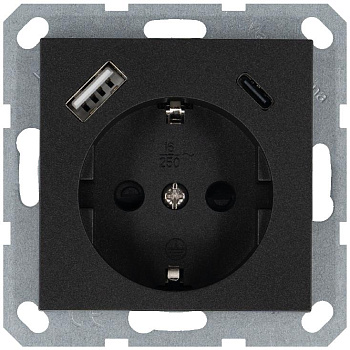 Розетка Shuko 16А с заземл. защ. шторки с 2-мя заряд. устройствами USB тип A+C 25Вт механизм антрацит Jasmart G5501USB-25B