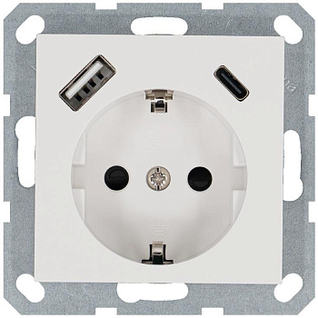 Розетка Shuko 16А с заземл. защ. шторки с 2-мя заряд. устройствами USB тип A+C 25Вт механизм бел. глянцевый Jasmart G5501USB-25W