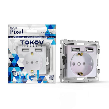 Розетка 1-м СП Pixel с заземл. с 2-мя заряд. устр. USB тип A+A IP20 механизм перламутр. TOKOV ELECTRIC TKE-PX-R1U2A-C04
